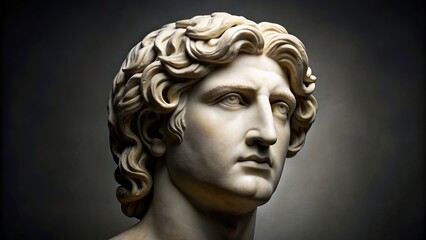 historical, marble bust, ruler, classical, angle, archaeology, civilization, king, antiquity,ancient, ancient history, An ancient marble bust of Alexander the Great tilted at an angle