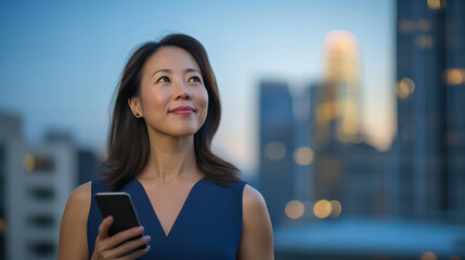 A woman is holding a cell phone and smiling. She is standing on a balcony overlooking a city