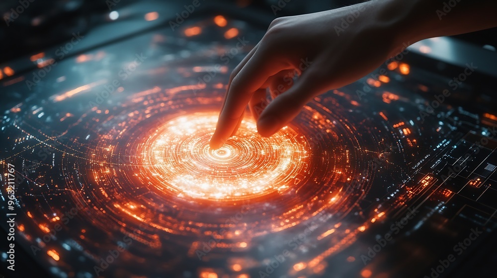 Aufkleber Hand touching abstract network circle technology structure Innovation networking future worldwide global concept : Generative AI