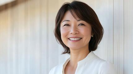 A woman with a smile on her face is sitting in front of a window. She is wearing a blue shirt and has a potted plant behind her