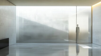 A lone figure stands behind frosted glass, exemplifying privacy and personal space in modern design
