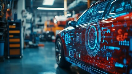 EV electric vehicle technology industry concept futuristic virtual graphic touch user interface on screen with auto repair garage blurred on background : Generative AI