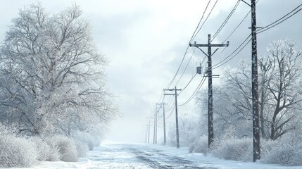 Snowy Road With Power Lines.