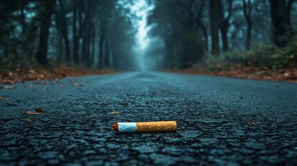 A discarded cigarette butt lies on a paved road leading into a misty forest.