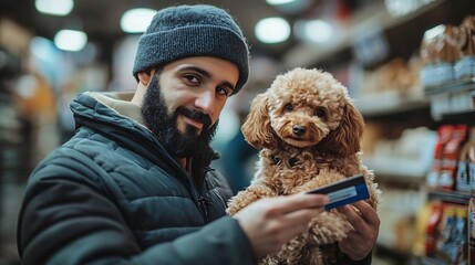 Positive arabian man holding poodle and looking at camera while paying with credit card in pet shop : Generative AI