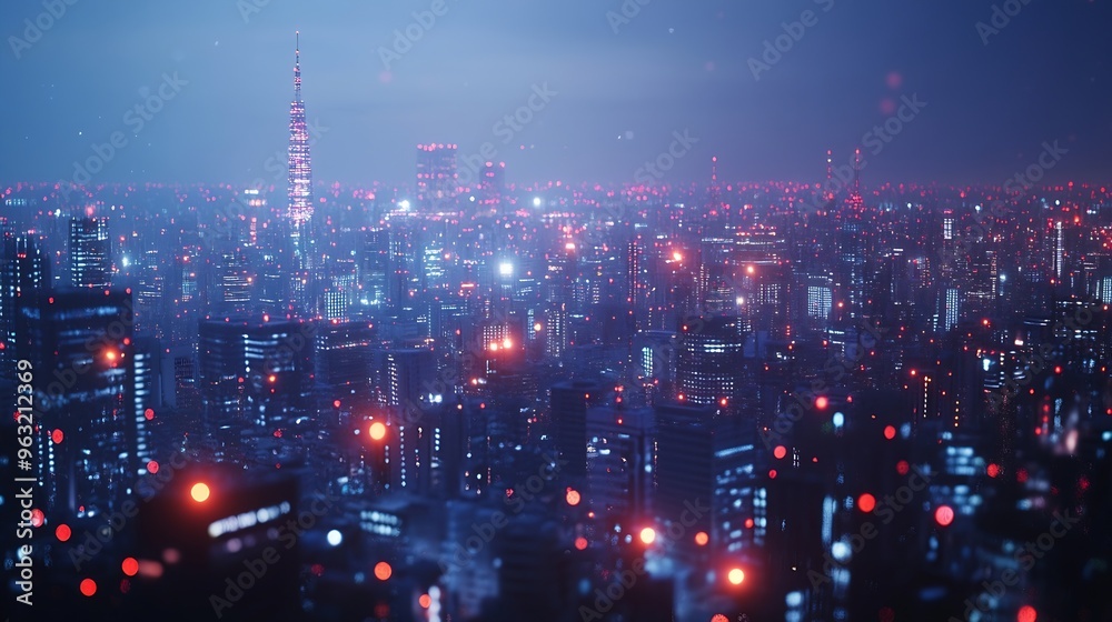 Aufkleber Telecommunication network above city wireless mobile internet technology for smart grid or 5G LTE data connection concept about IoT global business fintech blockchain : Generative AI