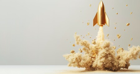 A golden rocket blasts off from a cloud of golden dust, leaving a trail of golden particles in its wake. Concept of a successful launch, growth, and achievement.