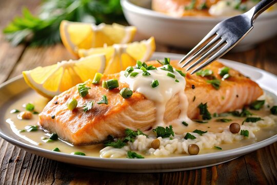 seafood, succulent, gourmet,salmon piccata, A close up medium shot of a delectable salmon piccata dish on a fork served with rice and smothered in a creamy lemon caper butter sauce