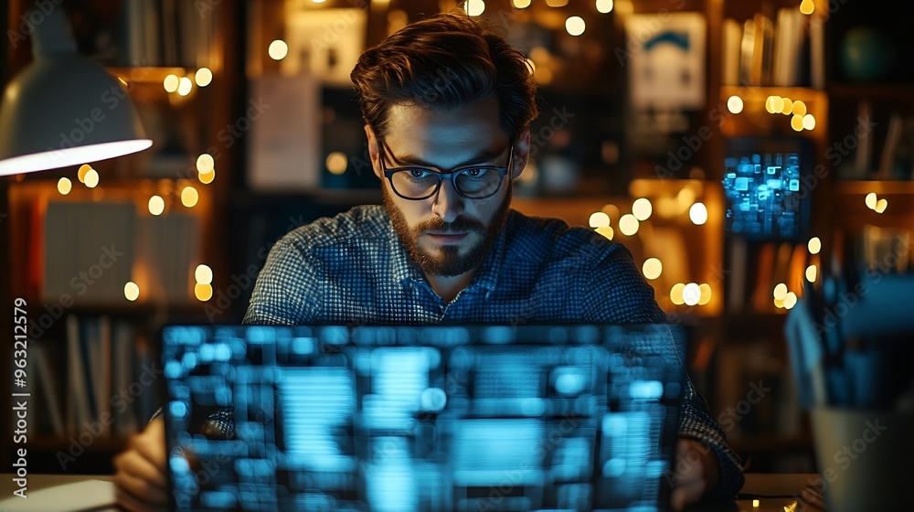 Poster Qualified data scientist updating neural networks writing complex binary code scripts Certified teleworking man in home office uses digital device programming to upgrade AI : Generative AI