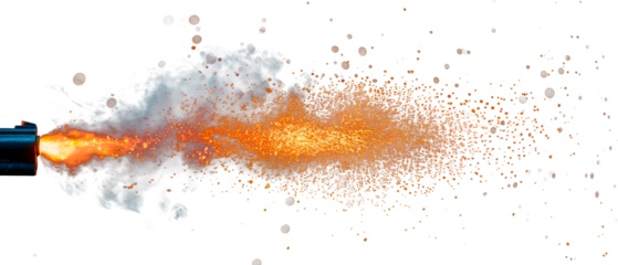 Close-up of a muzzle flash, side view, isolated on a white or transparent background. Fire from a gunshot. Bullet firing flame overlay, design element.