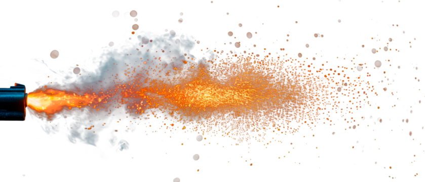 Close-up of a muzzle flash, side view, isolated on a white or transparent background. Fire from a gunshot. Bullet firing flame overlay, design element.