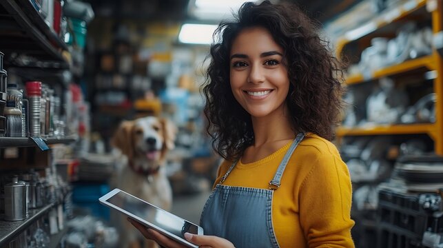 cheerful latin american saleswoman entrepreneur holding a tablet next to pet in a small auto parts supply shop : Generative AI