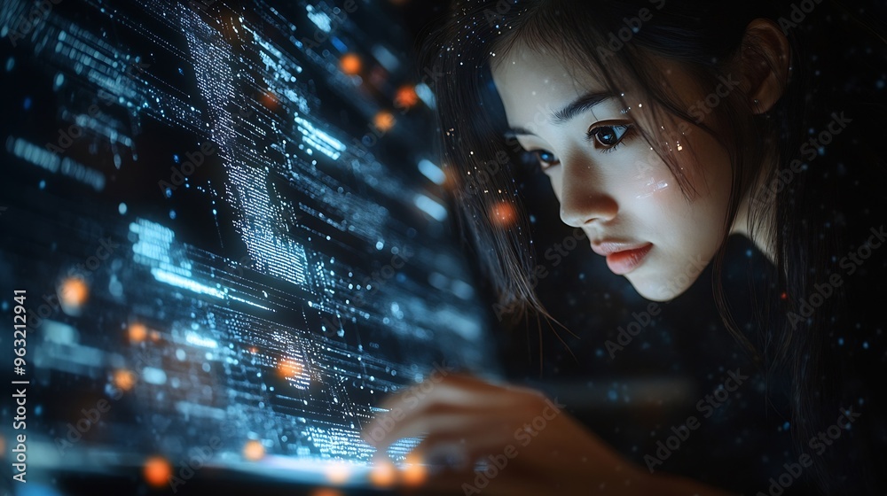 Fototapete Woman on digital tablet futuristic network overlay and iot cloud data communication hologram with blockchain coding technology Future of cyber security fintech software and information : Generative AI