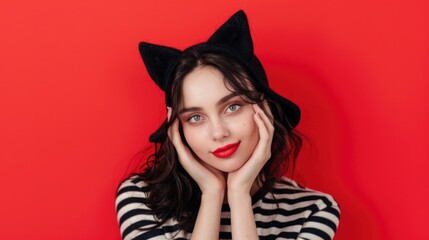 Woman with black cat ears against a red backdrop, ideal for festive greeting cards.