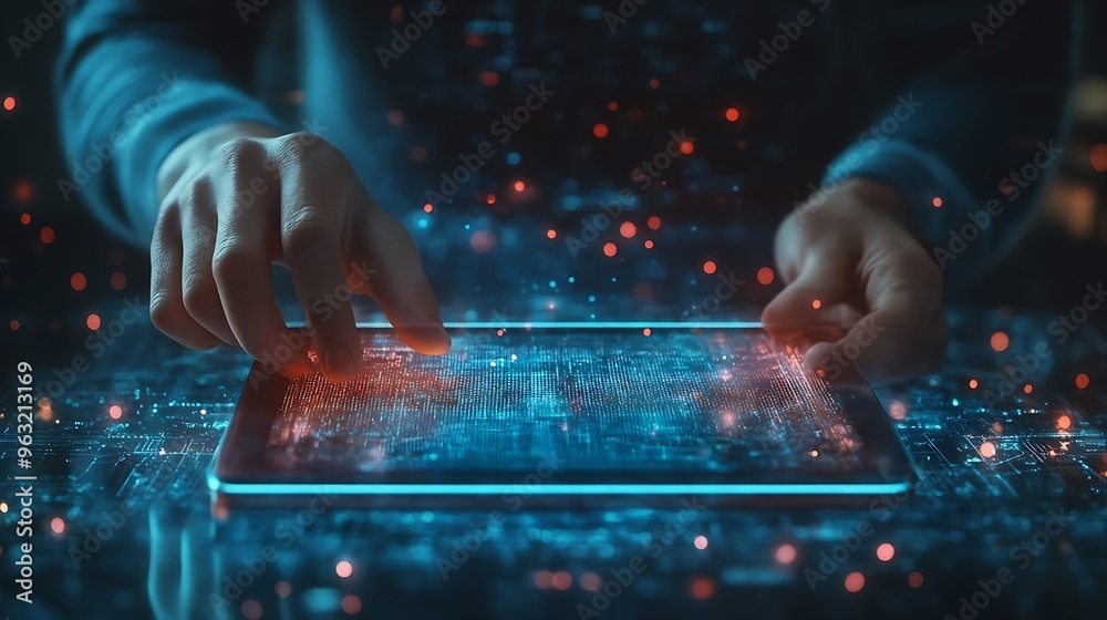 Aufkleber Digital transformation technology era abstract tech background metaverse Man using digital tablet with future technology IoT internet of things future AI technology smart device social : Generative AI