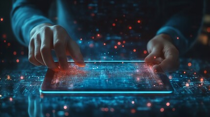 Digital transformation technology era abstract tech background metaverse Man using digital tablet with future technology IoT internet of things future AI technology smart device social : Generative AI