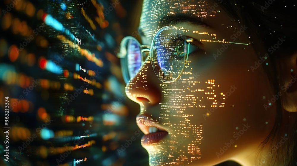 Aufkleber Computer code hologram and woman thinking of data analytics information technology or software overlay at night Laptop solution and IT people with algorithm statistics and cybersecurit : Generative AI