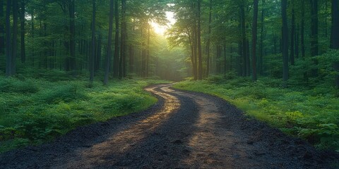 Obraz premium Sunlit Path Winding Through a Lush Green Forest