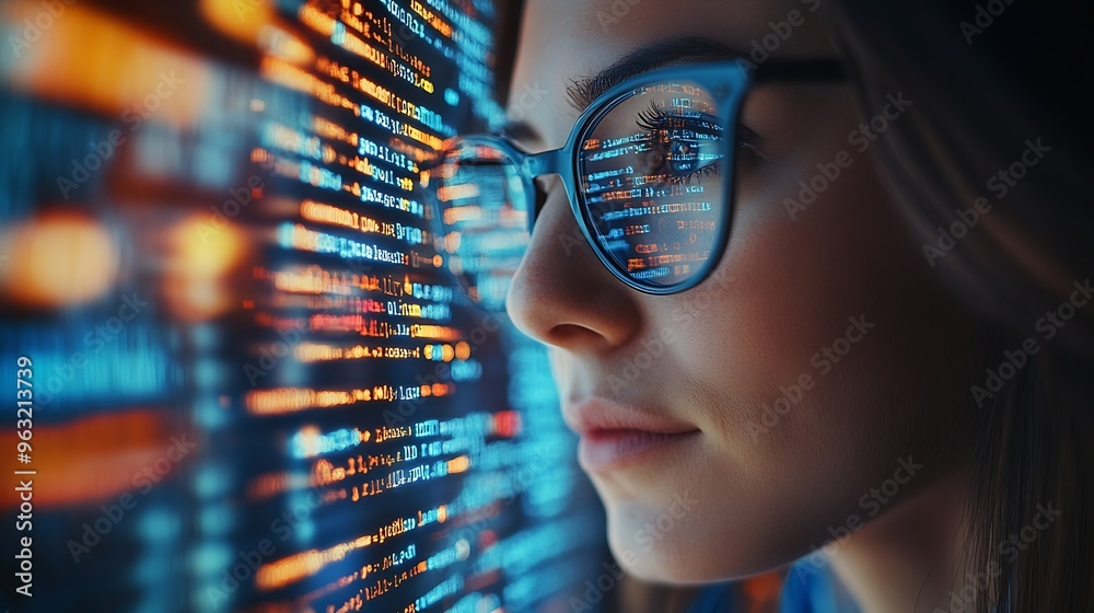 Fototapete Software data hologram and woman with code analytics information technology and gdpr overlay Programmer coding or IT person in glasses reading html script programming and cyber securit : Generative AI