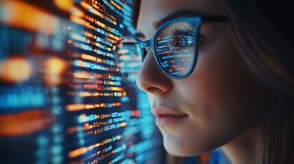 Software data hologram and woman with code analytics information technology and gdpr overlay Programmer coding or IT person in glasses reading html script programming and cyber securit : Generative AI