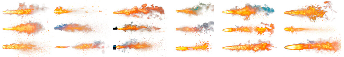 Big set of overlays of a muzzle flash isolated on a white or transparent background. Mega bundle of the flame bursting from a firearm, design element, muzzle flash.