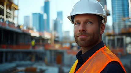 Fototapeta premium Portrait of satisfied construction site manager wearing safety vest and white helmet at construction site Young architect watching construction site with confidence looking at camera : Generative AI