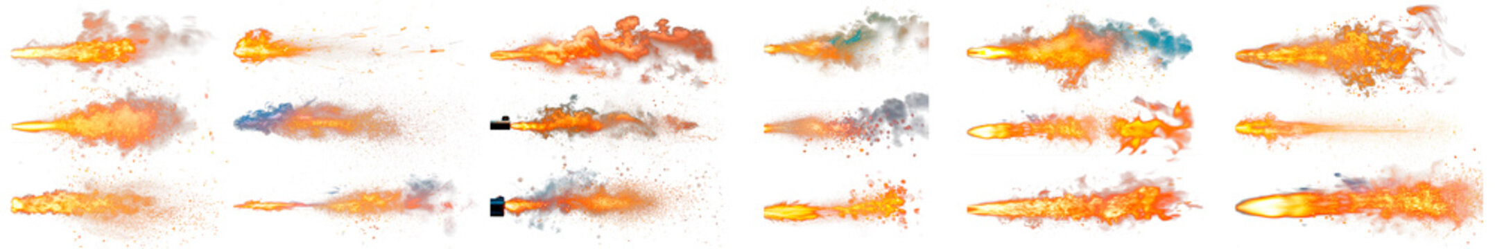 Big set of overlays of a muzzle flash isolated on a white or transparent background. Mega bundle of the flame bursting from a firearm, design element, muzzle flash.