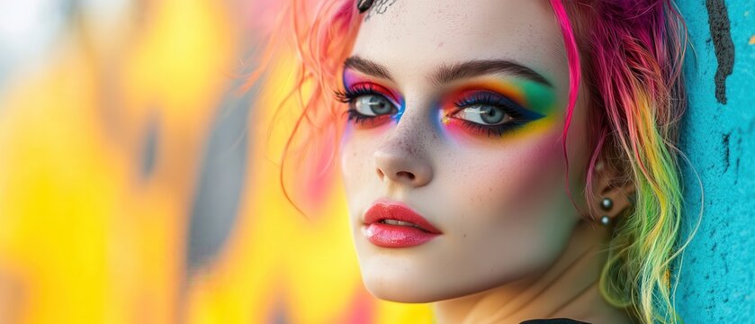 Vibrant Portrait of a Young Woman with Colorful Makeup and Rainbow Hair Against a Graffiti Wall - Powered by Adobe