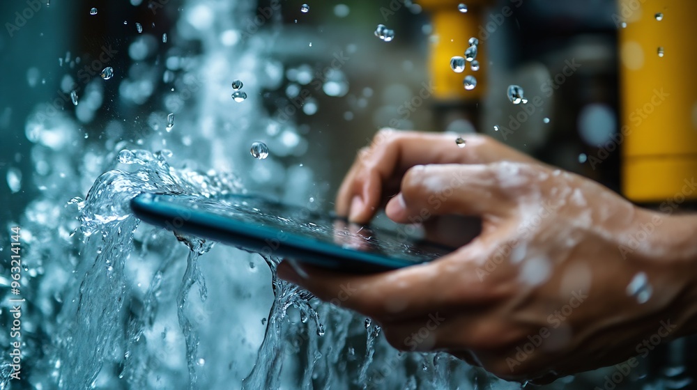 Aufkleber Photo of person using a tablet on water pump background person working on a digital tablet : Generative AI