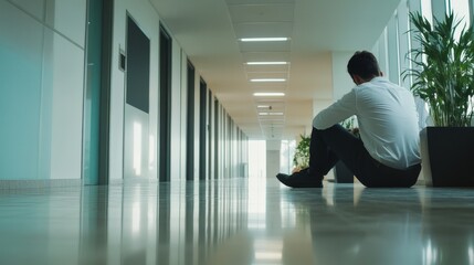Fototapeta premium A stressed businessman sitting alone in a modern office corridor contemplating unemployment