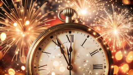 Clock showing midnight celebration with fireworks in the background and festive atmosphere
