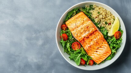 Fresh salmon fillet with greens and quinoa, high-protein diet meal.