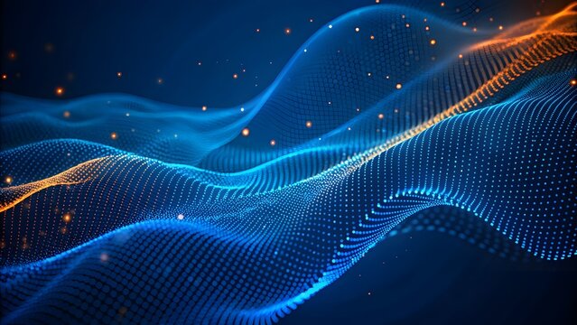 An abstract wave shape on a low-polygonal triangular background for cyberspace, big data, metaverse, network security, and data transfer on a dark blue abstract modern cyberspace background. 