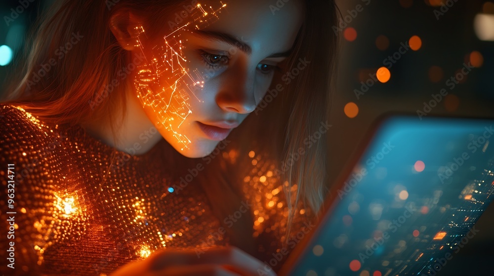 Fototapete Digital technology internet network connection big data digital marketing IoT internet of things Woman using mobile phone and laptop computer surfing internet innovative technology bac : Generative AI