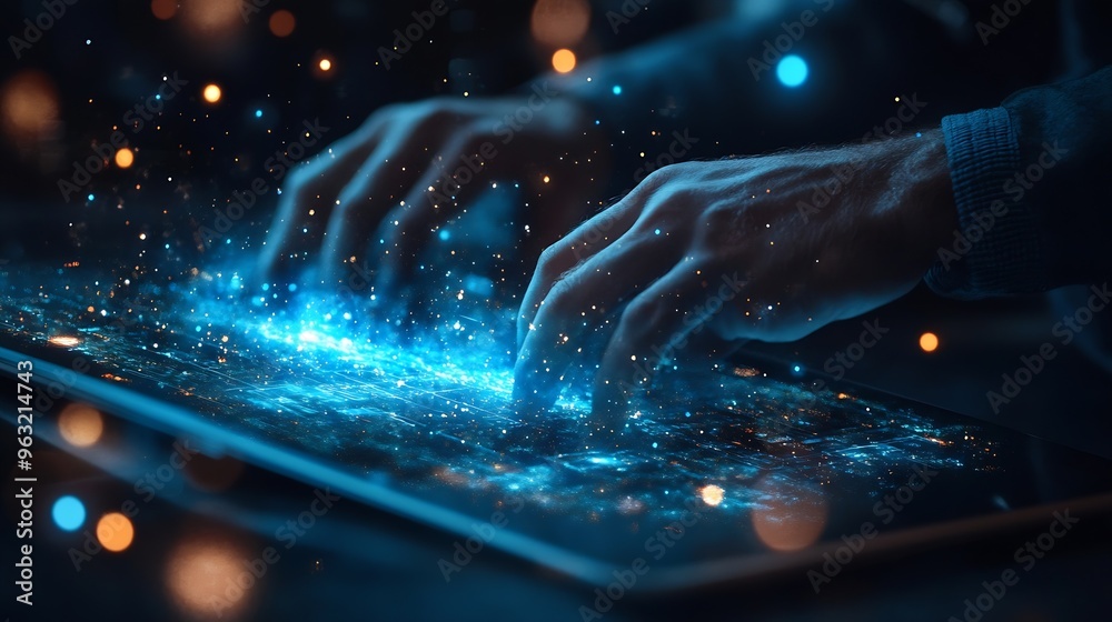 Poster Digital technology data exchange cloud computing global business concept Businessman working on laptop and digital tablet with internet network futuristic technology background : Generative AI
