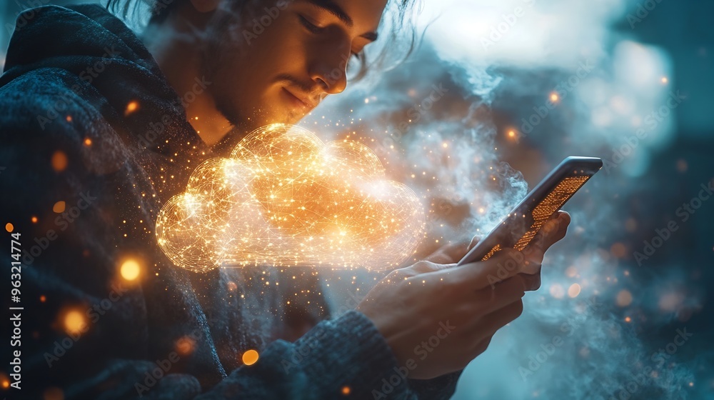 Poster Digital technology cloud computing concept Software engineer using mobile smart phone and laptop computer with global network connection Technology innovative and communication concept : Generative AI