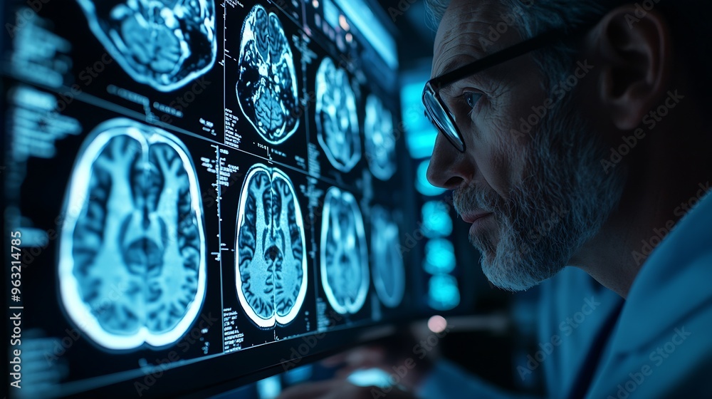Poster a group of medical professionals reviewing and analyzing detailed brain scans displayed on digital s