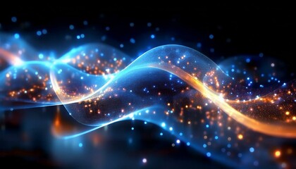 An abstract wave shape on a low-polygonal triangular background for cyberspace, big data, metaverse, network security, and data transfer on a dark blue abstract modern cyberspace background. 