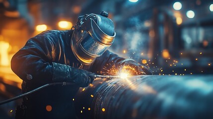 Industrial 40 Digital Visualization Heavy Industry Welder Working Welding Inside Pipe Construction of NLG Natural Gas and Fuels Transport Pipeline Clean Green Power and Energy Concept : Generative AI