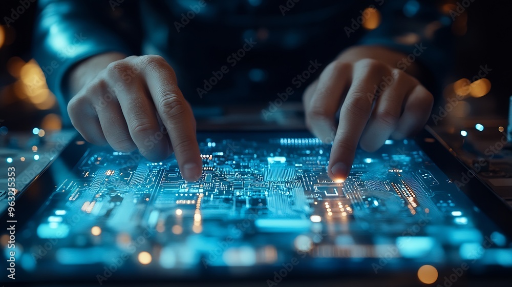 Fototapete Digital technology software development concept Coding programmer software engineer using digital tablet with circuit board and javascript on virtual screen internet of things IoT : Generative AI