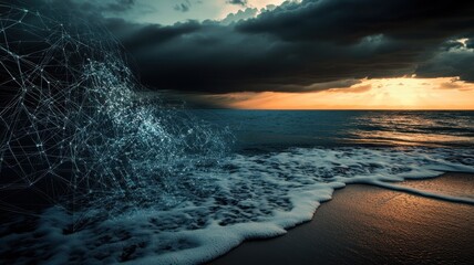 Digital Network Overlay on Ocean Shore at Sunset with Dramatic Clouds and Waves