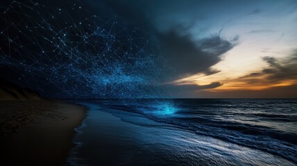 Digital Network Overlay on a Serene Beach at Sunset with Cloudy Sky and Ocean Waves