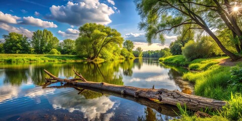Fototapeta premium A panoramic stock photo showcasing a serene and tranquil landscape alongside a river during the summer featuring a fallen tree, peaceful,quiet, picturesque, calm, river, sunlight