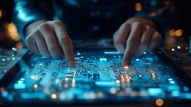Digital technology software development concept Coding programmer software engineer using digital tablet with circuit board and javascript on virtual screen internet of things IoT : Generative AI