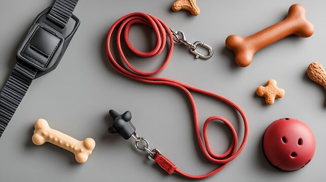 Dog Leash  Toys and Treats on Gray Background