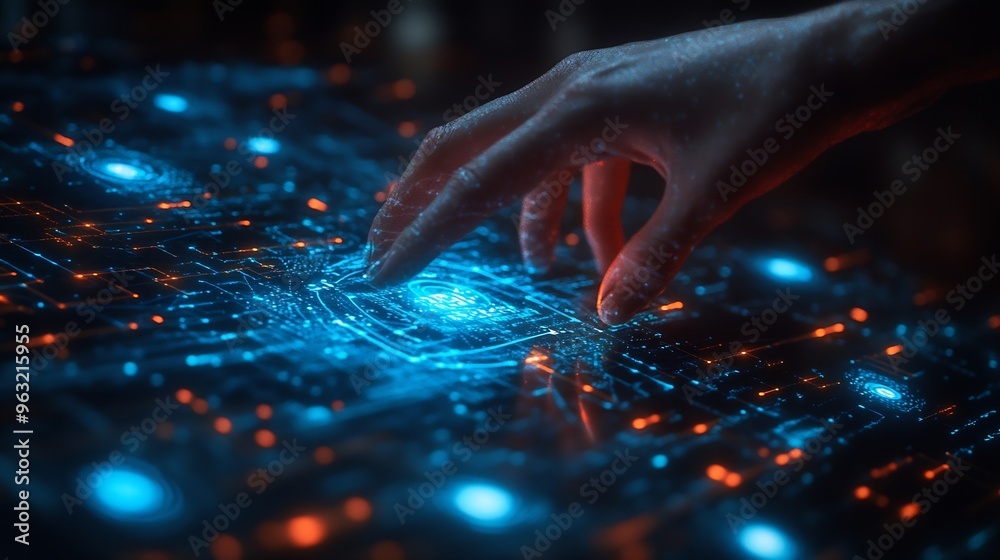 Fototapete Digital transformation conceptual for next generation technology era AI Machine learning Hands touching the big data structure Digital data network connections Data transformation : Generative AI