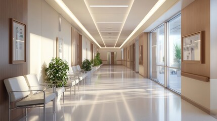 Fototapeta premium A sleek, modern waiting area in a hospital corridor filled with light, promoting calm and comfort for patients.