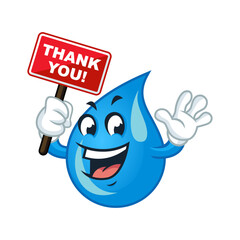 Cartoon water drop holding a thank you sign. Perfect for water conservation campaigns.