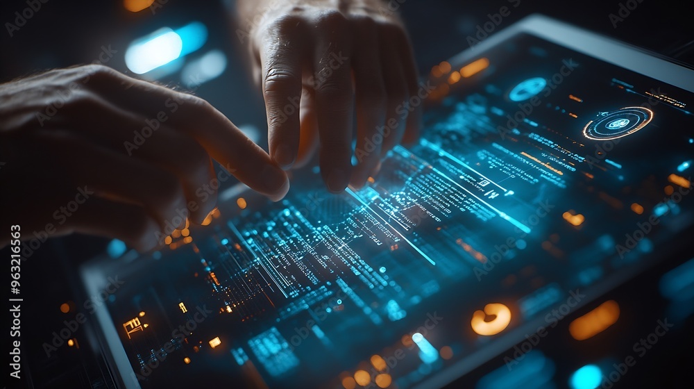 Fototapete Software development IoT internet of Things Internet network technology concept Man coding programmer software developer working on digital tablet with binary html computer code on vir : Generative AI