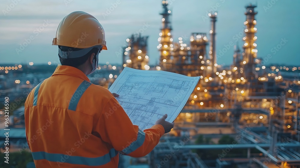 Poster Engineer survey team wear uniform and helmet stand workplace checking blueprint project  radio communication and engineer box inspection work construction site with oil refinery backgr : Generative AI